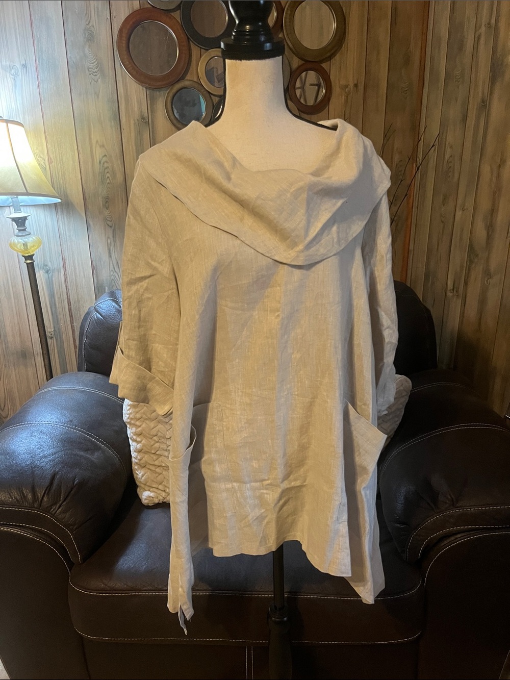 Ali Miles Beige Linen Draped Cowl Neck Tunic Top Lagenlook Boho Artisan European - Picture 2 of 9